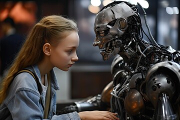Fototapeta na wymiar small girl and her robot teacher