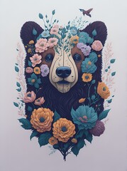 detailed illustration of vintage cute bear head  with flowers splash,  for tshirt design,  Ai generated art