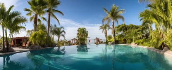 Fototapeta na wymiar Pool Panorama mit Palmen