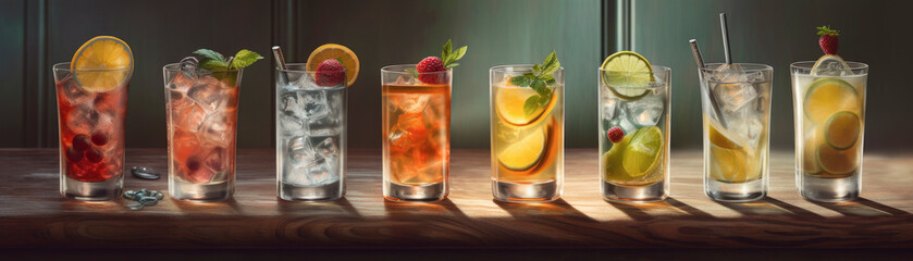 Colorful decorated drinks on a line on a table. Panorama banner. Generative AI illustrations