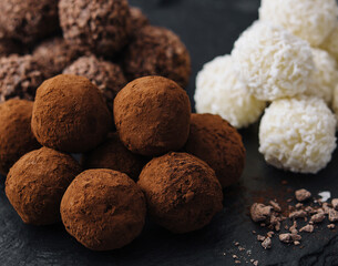 three types of chocolate balls on stone board