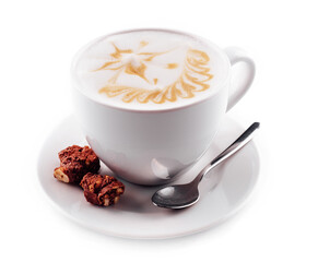Cappuccino mug close up with chocolate chips