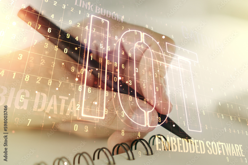 Poster Double exposure of creative IOT hologram with man hand writing in notebook on background, research and development concept