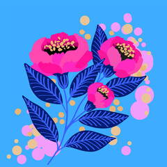 bright flowers, 
branch of pink flowers on a blue background, 
bright buds minimalism, vector spring bouquet