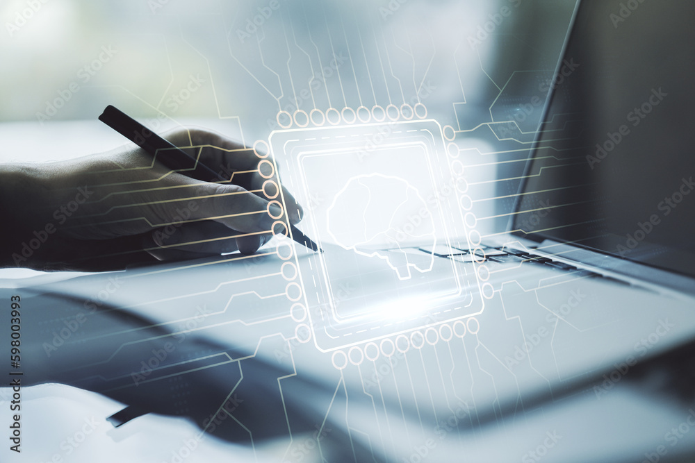 Poster double exposure of creative artificial intelligence symbol with hand writing in notebook on backgrou