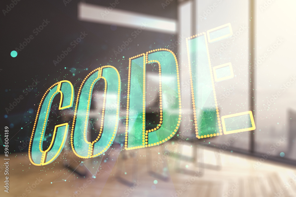 Poster creative code word hologram and modern desktop with laptop on background, artificial intelligence an