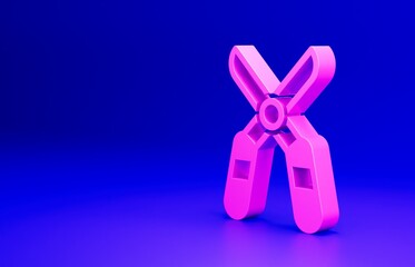 Pink Gardening handmade scissors for trimming icon isolated on blue background. Pruning shears with wooden handles. Minimalism concept. 3D render illustration