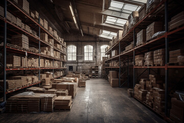 Fototapeta premium A spacious warehouse filled to the brim with parcels, offering plenty of storage space for various goods. Ai generated.
