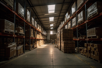 Obraz premium A spacious warehouse filled to the brim with parcels, offering plenty of storage space for various goods. Ai generated.