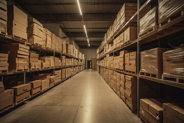 A spacious warehouse filled to the brim with parcels, offering plenty of storage space for various goods. Ai generated.