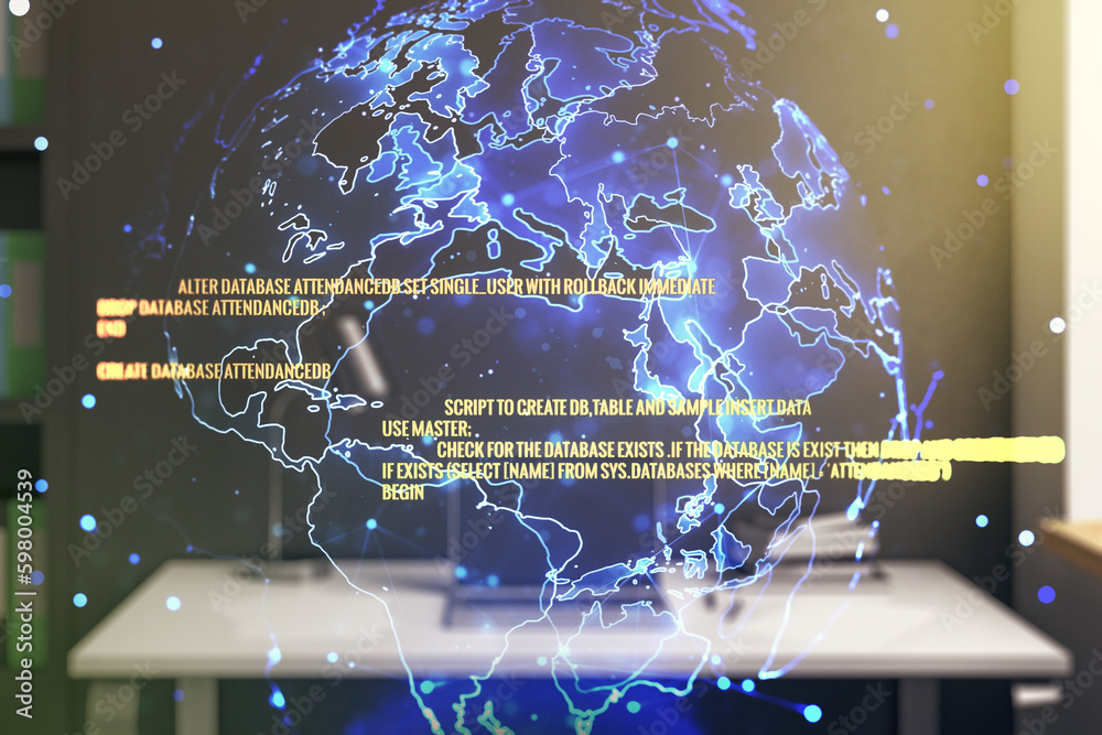 Poster double exposure of abstract creative programming illustration with world map and modern desk with co