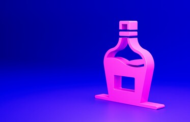 Pink Old bottle of wine icon isolated on blue background. Bottle of homemade wine. Minimalism concept. 3D render illustration