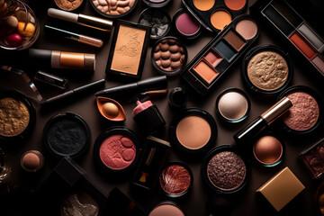 A lavish and colorful display of various make-up products, perfect for achieving a glamorous and stunning look. Ai generated.
