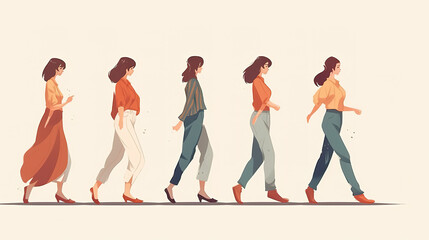 Naklejka premium beautiful walking women in a row, cartoon sketch, generative ai technology