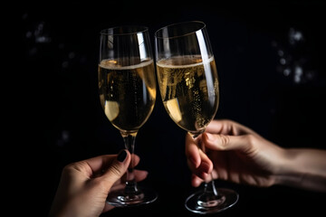 A Toast With Glasses of Champagne on Black Background, Close Up Shot: AI Generated Image