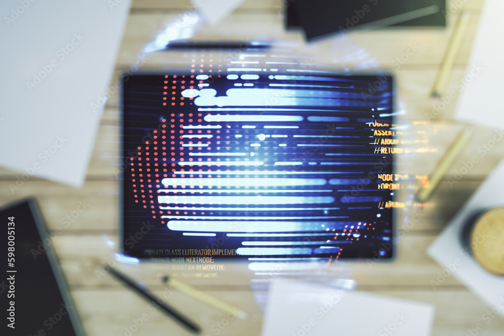 Poster multi exposure of abstract programming language hologram with world map and modern digital tablet on