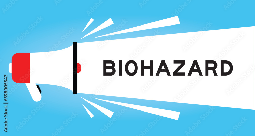 Sticker Color megaphone icon with word biohazard in white banner on blue background