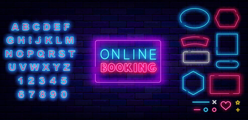Online booking neon sign. Book now inscription. Luminous blue alphabet. Frames set. Vector illustration