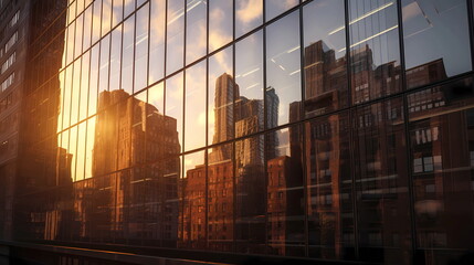  sunset light reflection on modern  buidings windows  evening  business centre New York City,generated ai