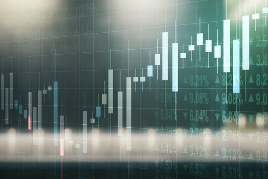 Multi exposure of virtual abstract financial graph interface on blurry contemporary office building background, financial and trading concept