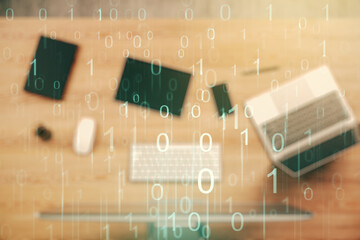 Creative abstract binary code hologram on modern computer background, AI and machine learning concept. Multiexposure