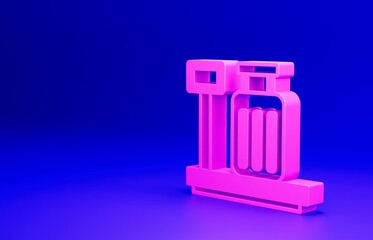 Pink Scale with suitcase icon isolated on blue background. Logistic and delivery. Weight of delivery package on a scale. Minimalism concept. 3D render illustration