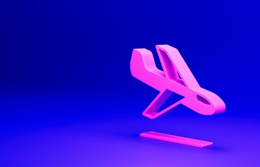 Pink Plane landing icon isolated on blue background. Airplane transport symbol. Minimalism concept. 3D render illustration
