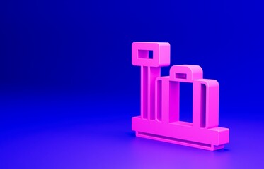 Pink Scale with suitcase icon isolated on blue background. Logistic and delivery. Weight of delivery package on a scale. Minimalism concept. 3D render illustration