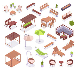Fototapeta Isometric garden furniture. Chairs, umbrella, hammock and table, comfortable terrace or backyard furniture 3d vector illustration set. Backyard furniture collection obraz