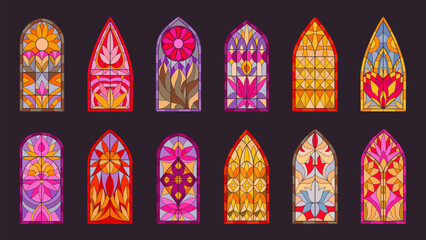 Mosaic stained glass windows. Church arch windows, decorative stained glasses flat vector illustration set