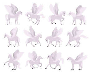 Cartoon pegasus. Magical winged horses, fairy graceful horse with wings, flying mythology animals flat vector illustration set. Beautiful pegasus collection