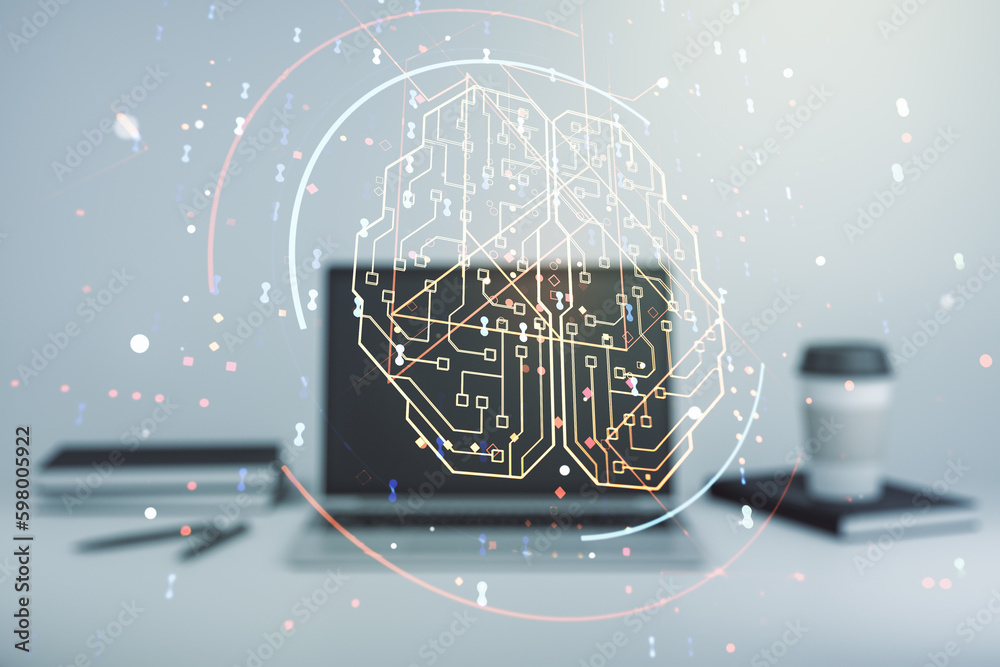 Aufkleber double exposure of creative artificial intelligence symbol with modern laptop on background. neural 