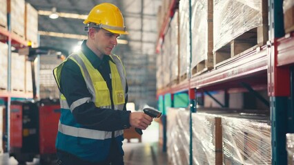 Man workers using digital scanning checking scanning checking products stock inventory in the retail warehouse full of shelves, Workers employee wearing hard hat doing work in storehouse. - Powered by Adobe