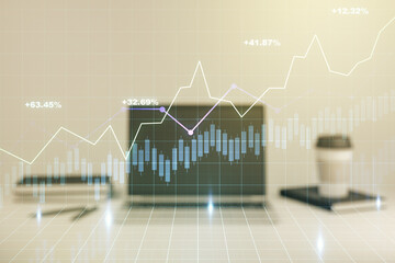 Abstract creative financial graph on modern laptop background, forex and investment concept. Multiexposure