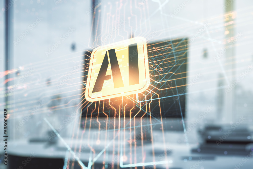 Aufkleber double exposure of creative artificial intelligence icon with modern laptop on background. neural ne