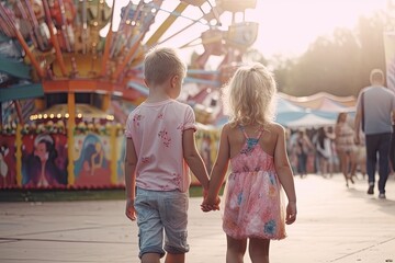 Obraz na płótnie Canvas boy and girl walking to amusement park