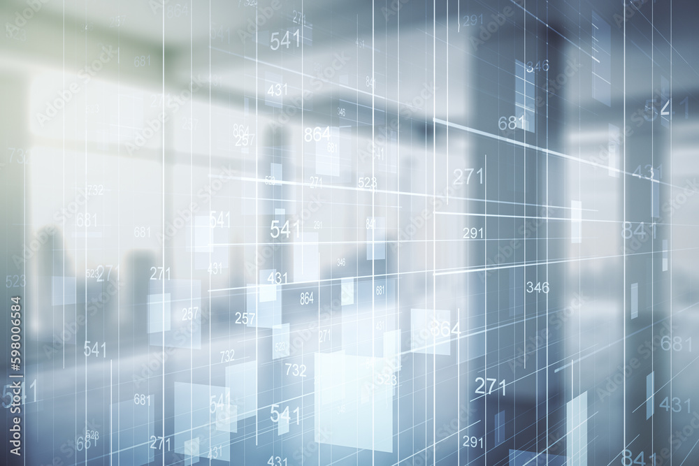 Aufkleber multi exposure of abstract statistics data hologram interface on abstract empty interior background,
