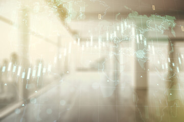 Double exposure of abstract creative financial diagram and world map on empty room interior background, banking and accounting concept