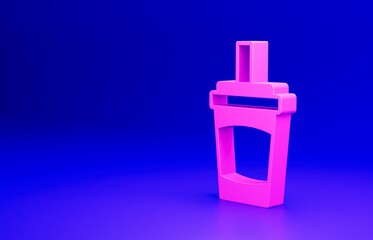 Pink Paper glass with drinking straw and water icon isolated on blue background. Soda drink glass. Fresh cold beverage symbol. Minimalism concept. 3D render illustration