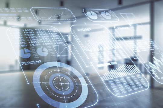 Abstract virtual stats data hologram on a modern furnished office background. Multiexposure