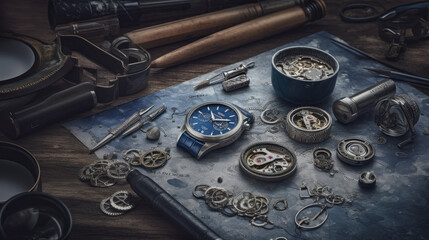 Designed hand watch on a table, generative ai