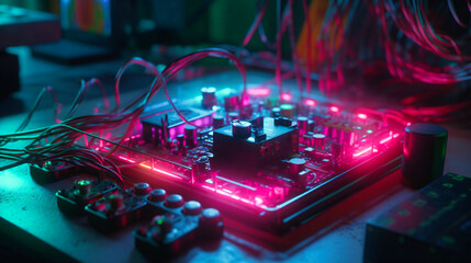 Computer Circuit Board Connected to Colorfully Lit Power Supply