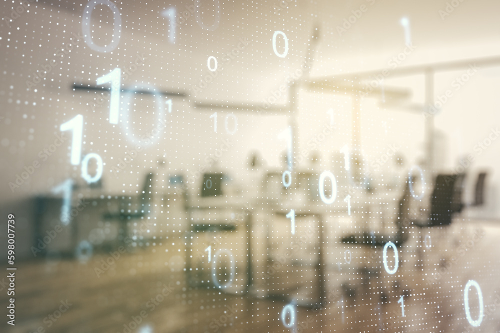 Fototapete abstract virtual binary code sketch on a modern furnished office interior background, hacking and ma