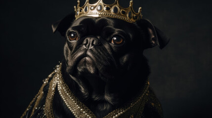 portrait of black dog, black pug wearing a crown, generative ai