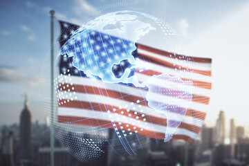 Double exposure of graphic America map hologram on US flag and city background, big data and digital technology concept
