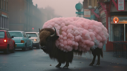 A circus bison with fluffy pink fur walking in streets of london, generative ai - obrazy, fototapety, plakaty