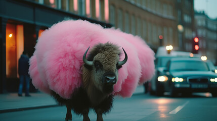 A circus bison with fluffy pink fur walking in streets of london, generative ai