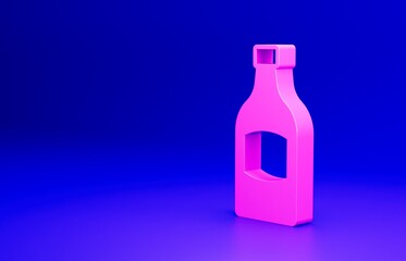 Pink Beer bottle icon isolated on blue background. Minimalism concept. 3D render illustration