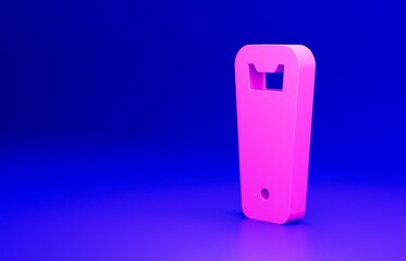 Pink Bottle opener icon isolated on blue background. Minimalism concept. 3D render illustration