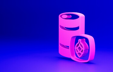 Pink Metal beer keg icon isolated on blue background. Minimalism concept. 3D render illustration